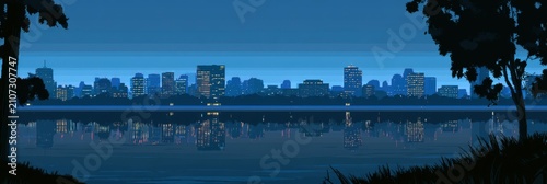 Panoramic landscape of a river and a city skyline at dusk, reflections, clear dark blue sky, detailed digital illustration