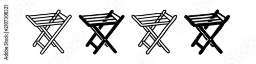 A set of four minimalist line art icons representing a folding stool or luggage rack in various stroke styles, isolated on a white background.