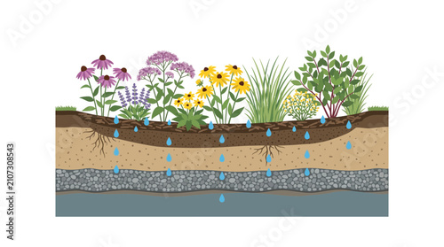 Photos Cross-section of soil layers with plant roots and water filtration