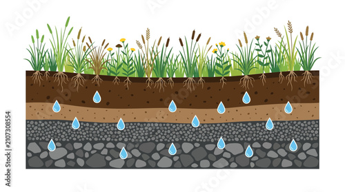 Canvastavla Cross-section of soil layers with vegetation and water infiltration