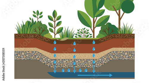 Fotografie Cross-section of a green landscape showing water infiltration