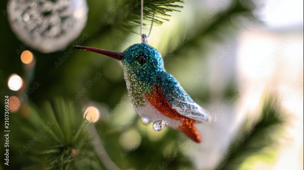 Obraz premium Colorful hummingbird ornament hanging on a Christmas tree with lights and decorations in a home setting during the holiday season