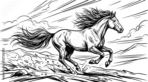 фотографія Dynamic Sketch of a Galloping Horse in a Dusty Landscape, Black and White
