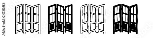 Set of four folding room divider icons in various hand-drawn and line styles. Ideal for interior design and home decor graphics.
