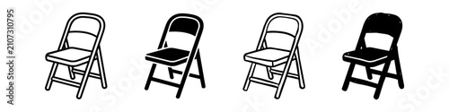 Set of four minimalist folding chair vector icons in various line and silhouette styles, perfect for event planning, furniture design, and interior layouts on a white background.