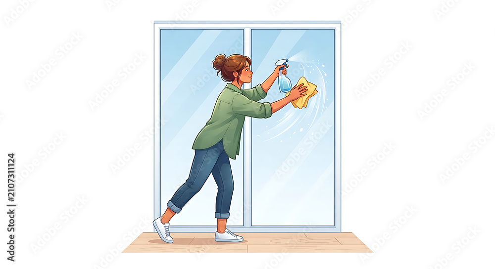 Fototapeta premium Premium flat vector illustration of a person cleaning a large window with a spray bottle and cloth, common household chore