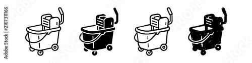 Photos Set of four janitorial mop bucket icons featuring different styles like outline, solid, and doodle