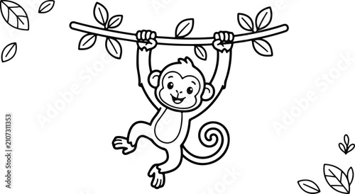 Canvas Print Cute Monkey Hanging on Tree Branch Coloring Page for Kids Vector