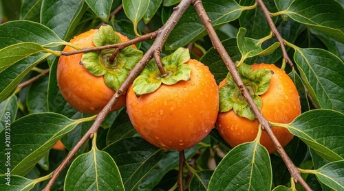 Three ripe orange persimmon fruits hanging on a tree branch with green leaves, close-up view of wet fruit skin with water droplets in an orchard setting