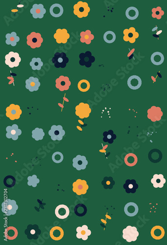 Seamless pattern with flat vector flowers and leaves on green background