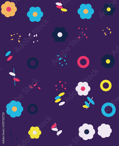 Seamless pattern with flat vector flowers and abstract geometric shapes