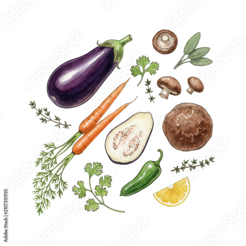 Watercolor illustration of fresh purple eggplants, orange carrots, mushrooms, lemon and green herbs scattered on a white background, culinary inspiration atmosphere