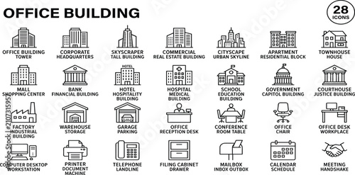 Office building icon representing business, corporate company and commercial real estate. Symbol of headquarters, enterprise, organization and urban architecture.