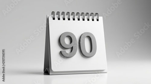 3D calendar icon showing the number ninety on a white desk for business planning.