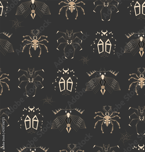 Geometric seamless pattern with stylized insects, beetles, spiders and moths