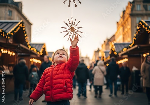 Child reaches for star at Christmas market