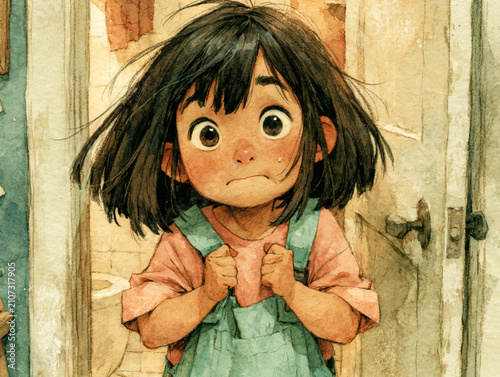 Children’s Storybook Illustration of Nervous Little Girl Standing Outside Bathroom Door