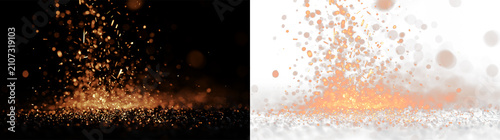 Obraz na plátne Sparks and fire particles rise from a surface in a bright display on a clear bac