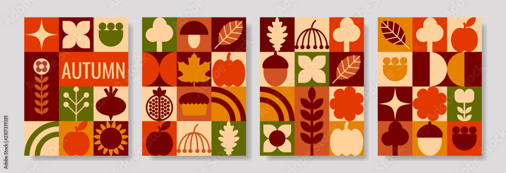 Fototapeta premium Modern Autumn Geometric Grid Poster Set with Autumn Icons and Typography