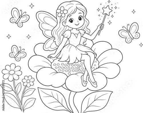Cute fairy coloring page vector, magical forest girl sitting on a flower, whimsical garden scene with butterflies and magic wand
