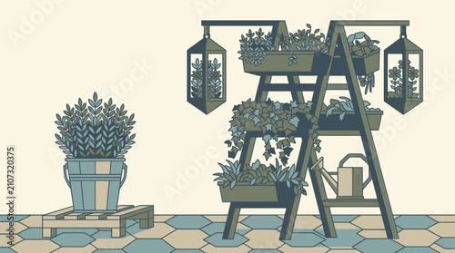 Ilustração vetorial de um jardim doméstico com plantas em vasos, uma estante de madeira para flores, lanternas decorativas e um regador sobre um piso de azulejos hexagonais.