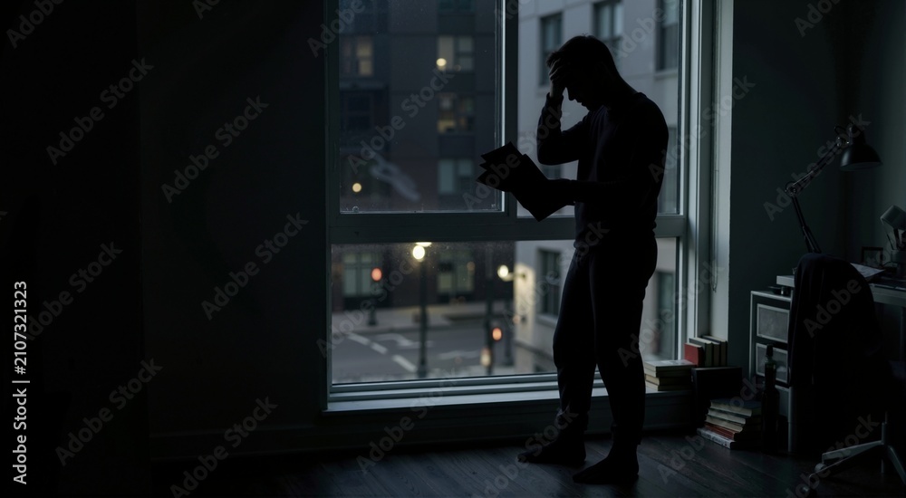 Fototapeta premium Silhouette of a worried person holding papers against a dark window at night. Stressed individual panicking over unpaid bills and debt. Financial crisis and anxiety concept