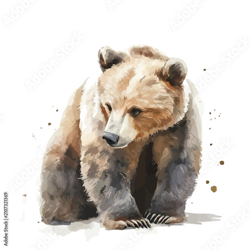 Bear, charming watercolor vector with soft tones and graceful design, isolated on a white background.