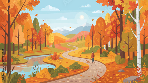 Foto Autumn Landscape: Person Walking Dog on Path Through Colorful Fall Forest