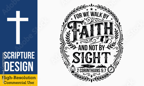 For We Walk By Faith And Not By Sight - Christian Bible verse typography artwork with decorative leaves and compass icon