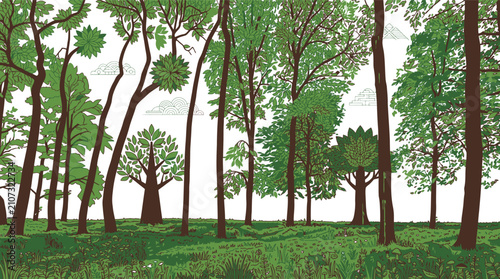 Ilustração estilizada de uma floresta densa com árvores altas e vegetação exuberante em tons de verde e marrom, com um caminho sutil no chão.