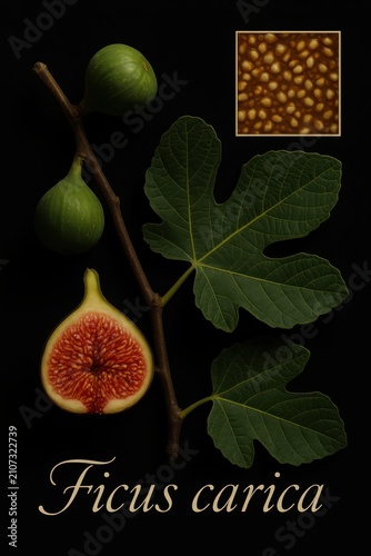 Elegant fig plant illustration with halved fruit revealing crimson pulp inside