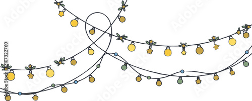 Fios de luzes decorativas com lâmpadas amarelas e azuis penduradas em um fundo branco, estilo de desenho animado.
