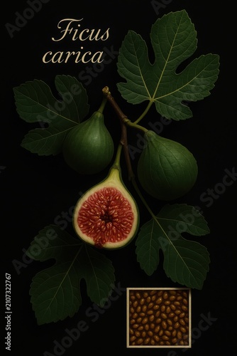 Vintage-style fig branch composition paired with a golden-framed texture close-up