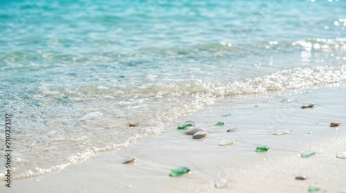 Closeup of sea glass and smooth pebbles scattered on a pristine sandy beach with gentle turquoise ocean waves washing onto the shore