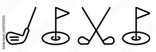 Quadro su tela Golf Equipment Line Icons with Club, Ball, Putting Green Flag and Sports Symbols