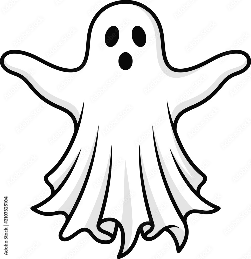 Obraz premium Floating white ghost character with open arms and surprised expression, halloween cartoon black and white vector illustration