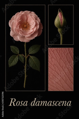 Rosa damascena botanical study in framed multi-panel encyclopedic layout