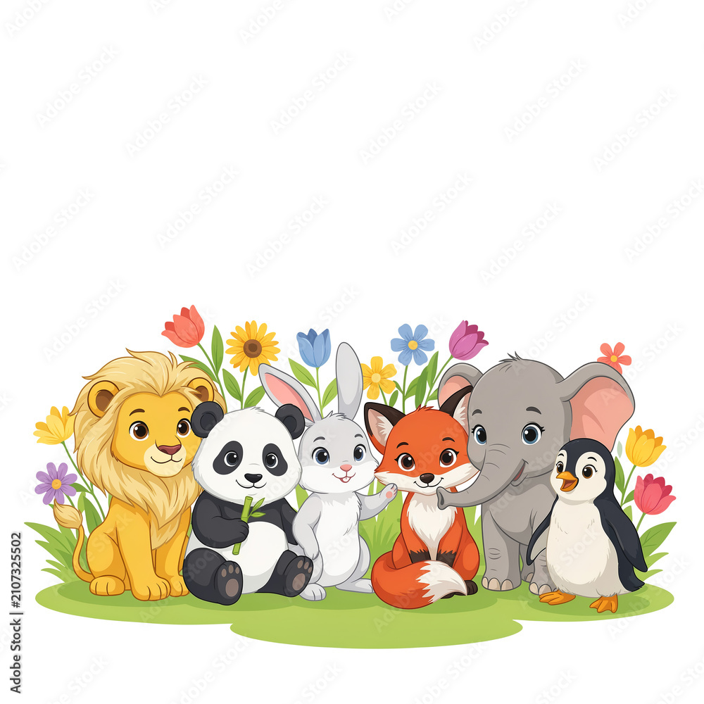 Obraz premium Cute cartoon animal friends sitting together in a colorful flower meadow