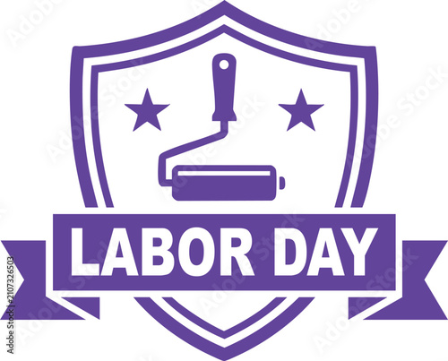 Labor day emblem with paint roller shield shape, stars, and ribbon banner, purple on a white background, for holiday celebration