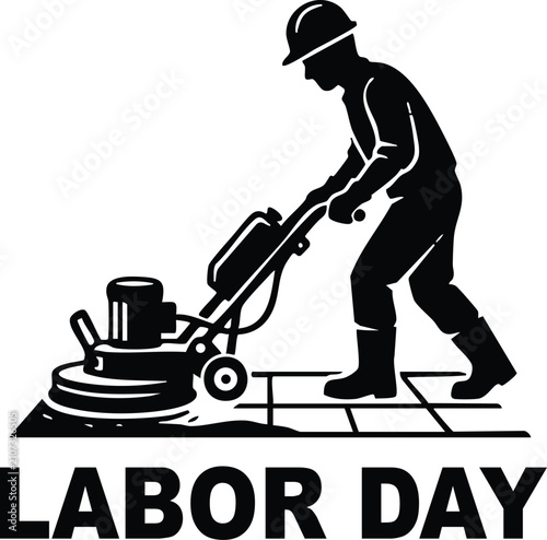 Happy labor day text with a black silhouette of a worker using a floor buffer machine on a tiled surface on a white background