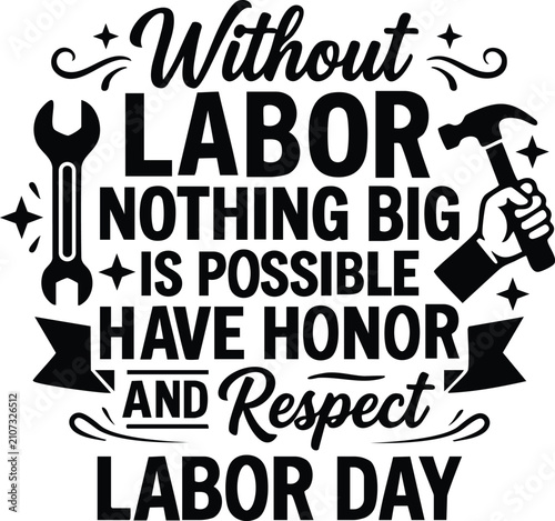 Labor day quote with wrench and hammer black typography on a white background, celebrating hard work, honor, respect, and manual labor