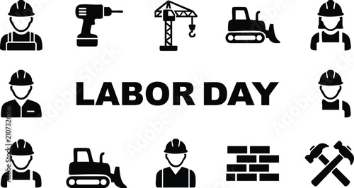 Labor day set featuring construction workers, cranes, bulldozers, bricks, and tools, black silhouettes on a white background, for industry
