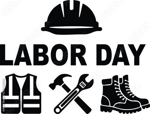 Labor day with hard hat, safety vest, hammer, wrench, and boots, black on a white background, for construction industry themes