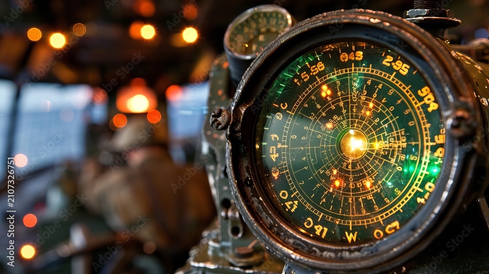 Obraz premium Antique military radar screen illuminating bright targets in dimly lit environment