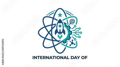 Obraz na płótnie Scientific innovation logo with rocket and atomic orbit.