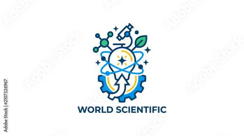 Scientific research logo with microscope atom and green leaves.