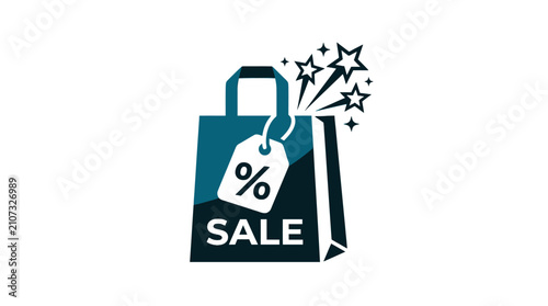 Shopping bag with percentage sale tag and stars