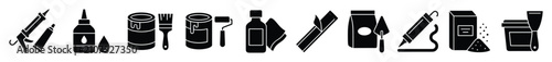 Set of construction materials and repair tools icons for renovation and DIY projects