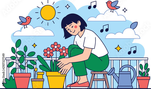 Tableau sur toile Gardener tends to potted flowers on a sunny balcony in this bright
