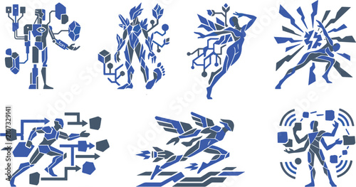 Cyborg Manipulator Cyber Flora Spirit Digital Angel Superhero Blast Data Runner Mecha Flight Multitasking Robot Vector Icon Set